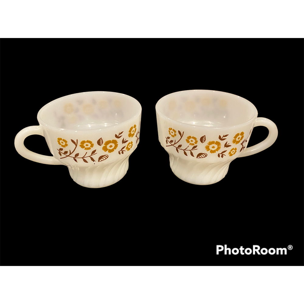 2 vintage Termocrisa white & brown milk glass coffee cups mugs